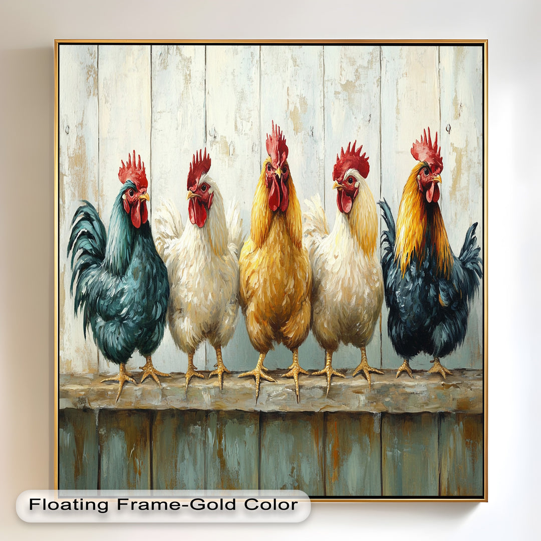 Colorful Roosters on a Wooden Fence – Animal Oil Painting