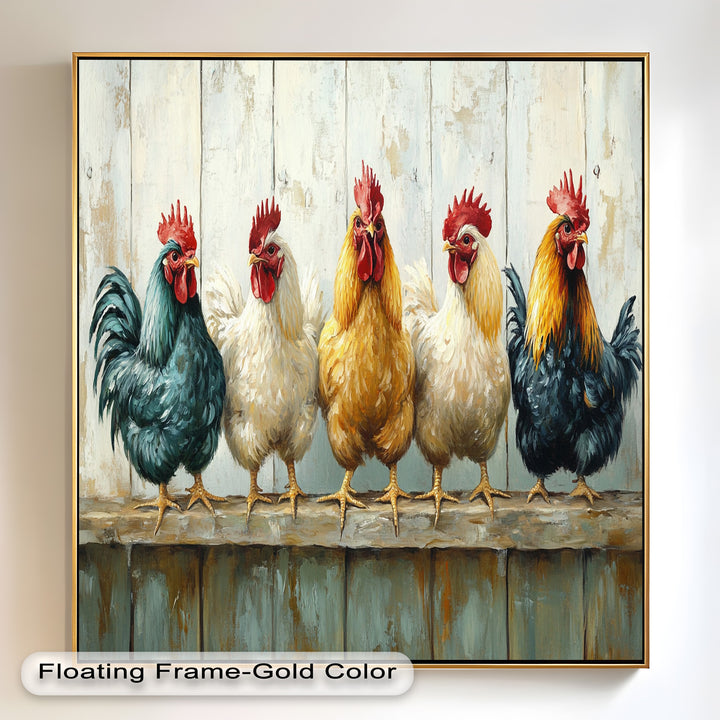 Colorful Roosters on a Wooden Fence – Animal Oil Painting