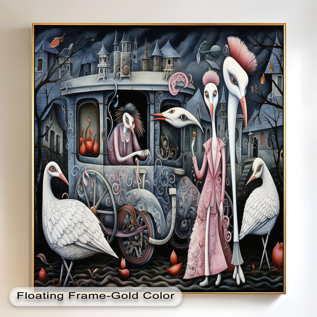 Crimson Couriers – Surreal Carriage Scene Oil Painting