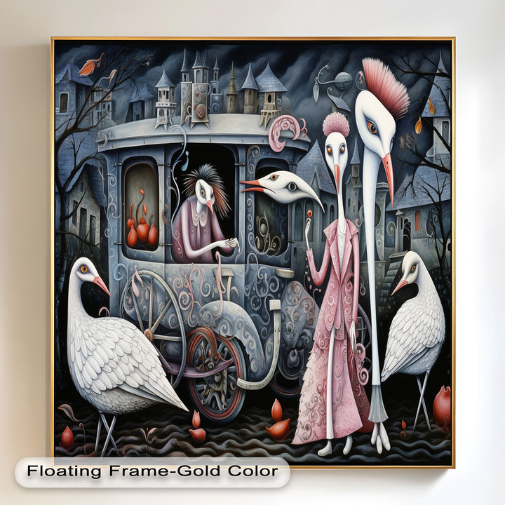 Crimson Couriers – Surreal Carriage Scene Oil Painting