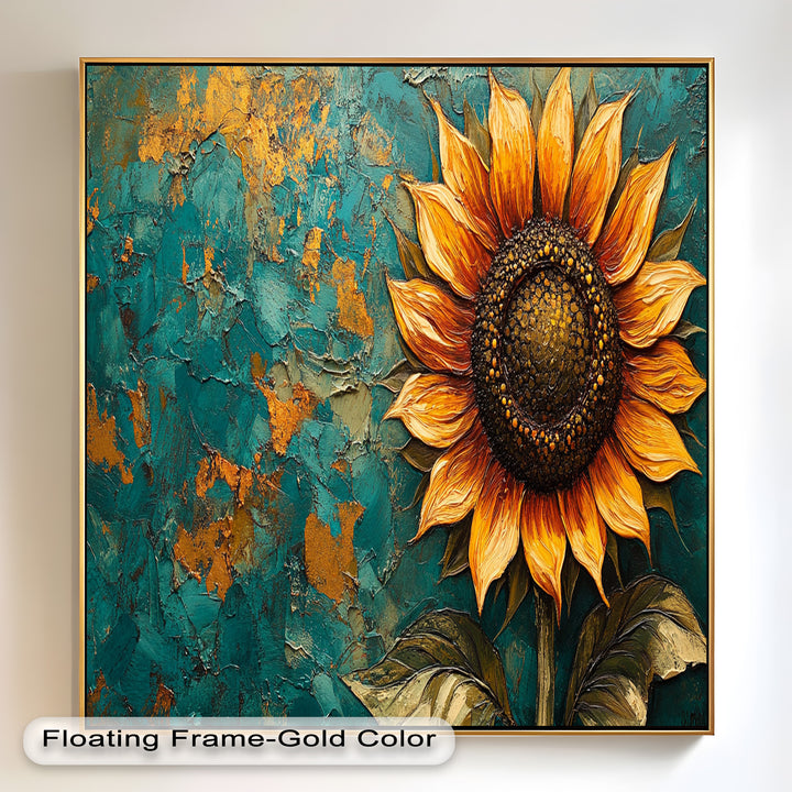 Sunflower on Textured Teal - Flower Oil Painting