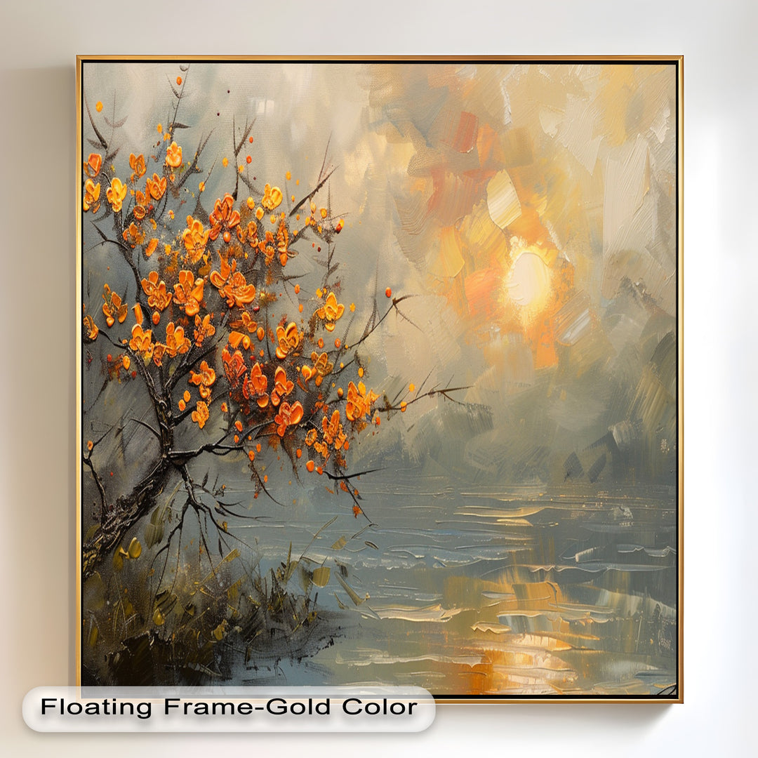 Herbstblätter – Warmes Ölgemälde einer Sonnenuntergangslandschaft