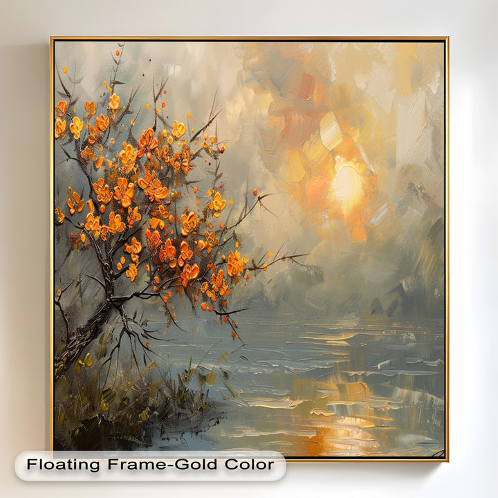 Herbstblätter – Warmes Ölgemälde einer Sonnenuntergangslandschaft