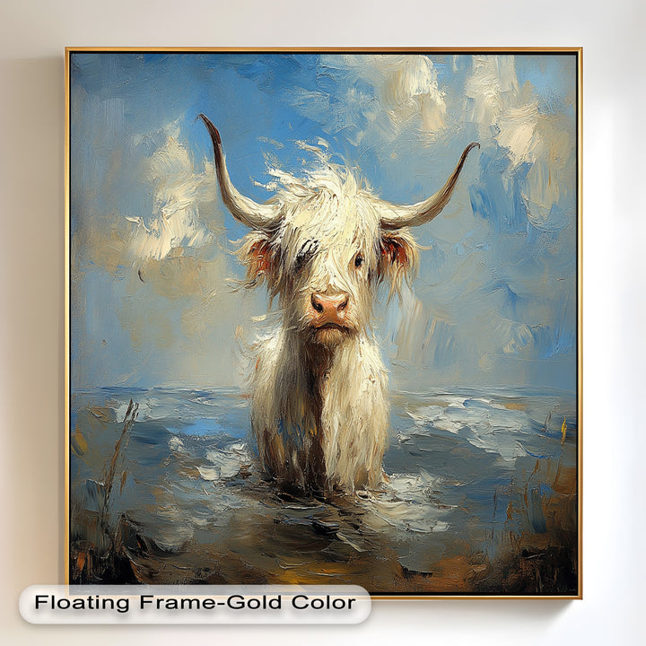 Highland Cow in Coastal Waters – Animal Oil Painting