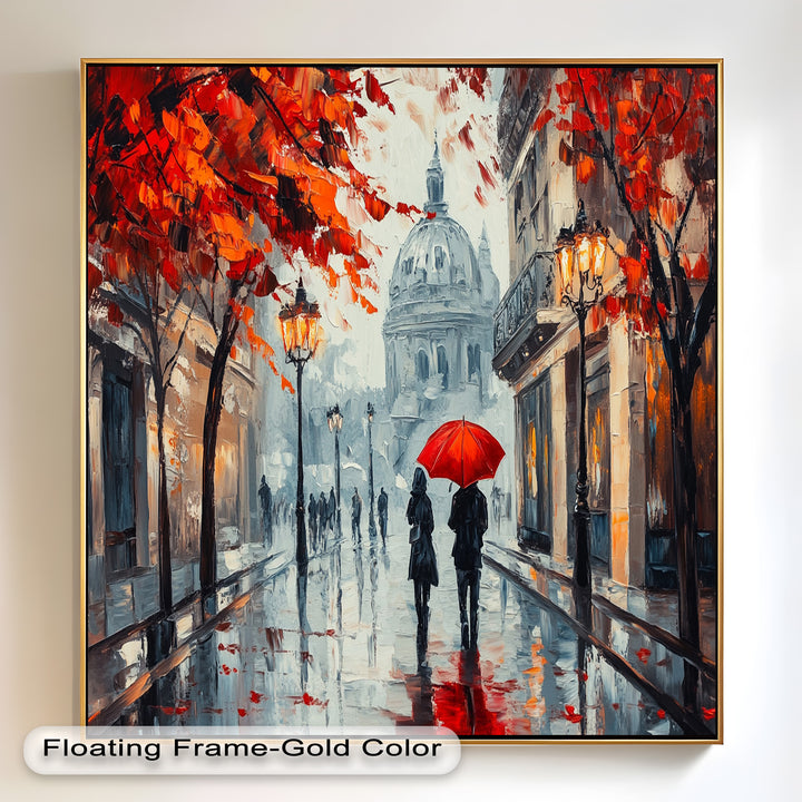 Lovers Walking with Red Umbrella - Love Oil Painting