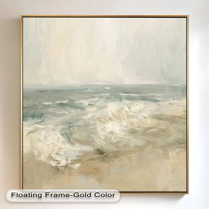 A stunning coastal-inspired wall art piece featuring a tranquil beach with soft, neutral tones, evoking a sense of relaxation and coastal charm.