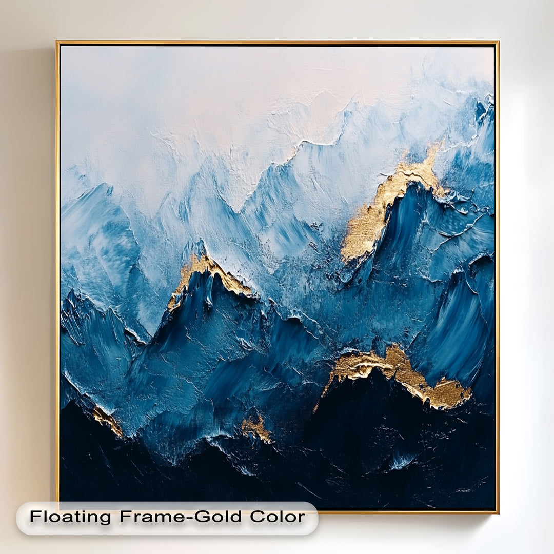 Textured mountain painting with rich blue tones and metallic gold highlights.
