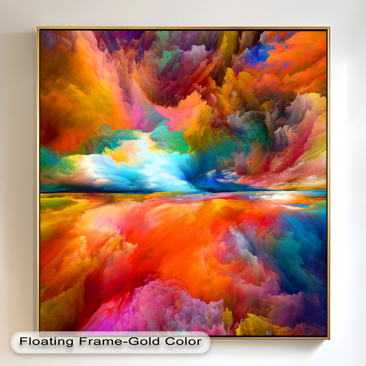 A vibrant and dynamic abstract artwork capturing the essence of a fiery sunset merging with deep blues and purples in a cosmic-like scenery
