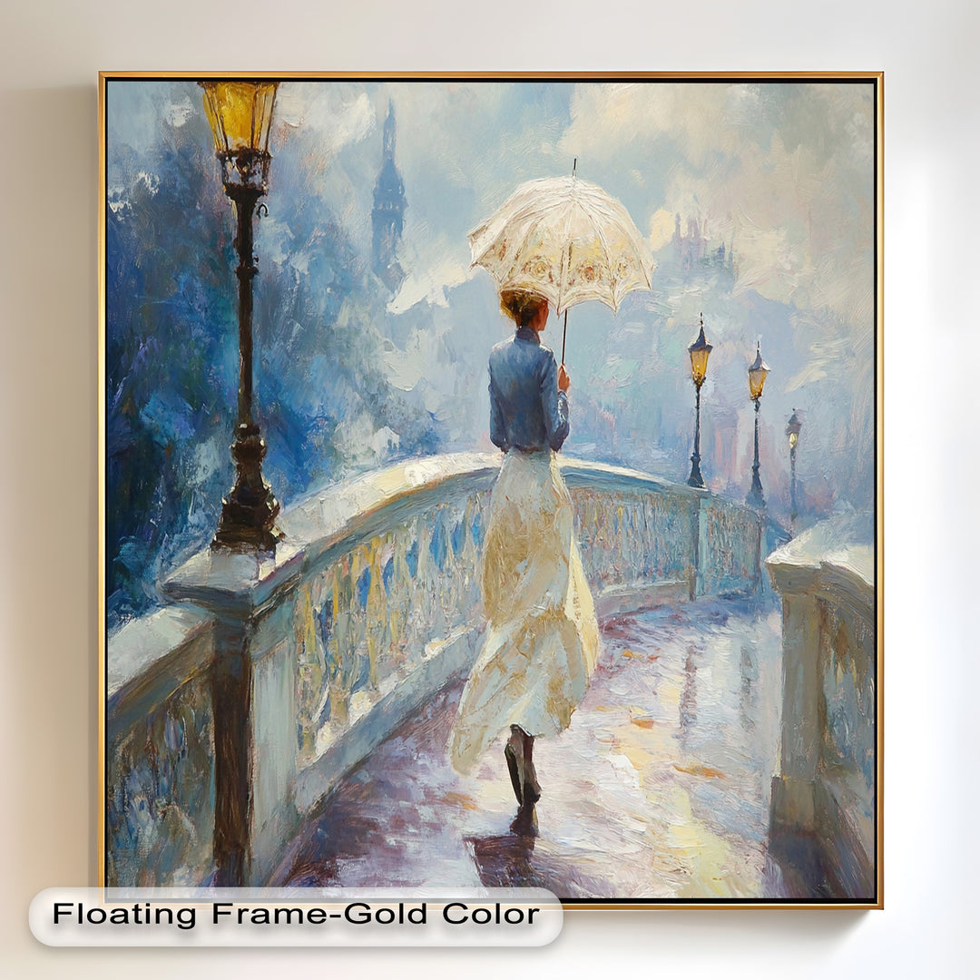 Woman with Umbrella on Cobblestone Bridge – Oil Painting