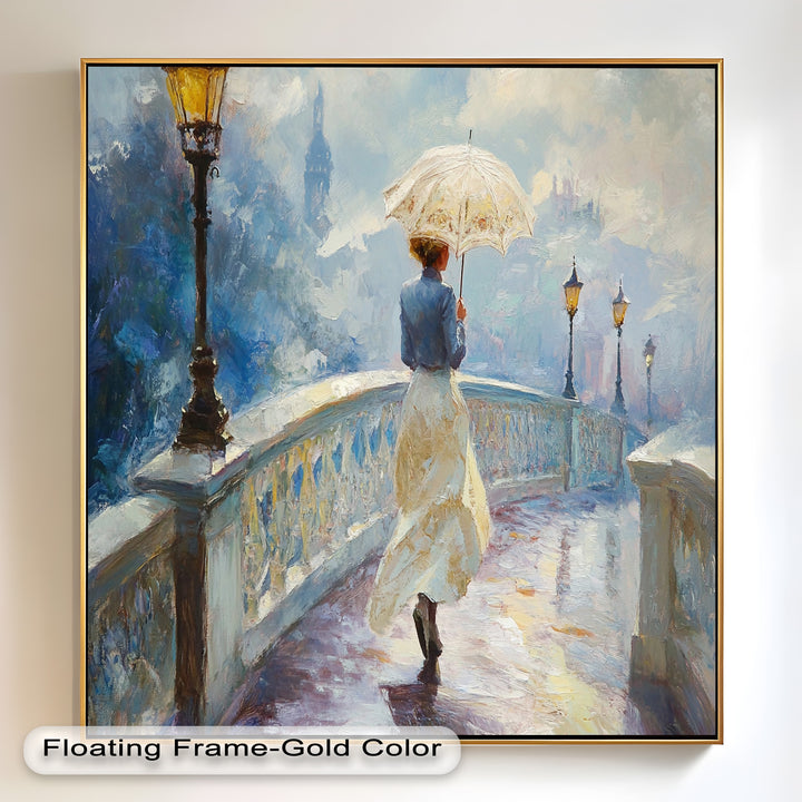 Woman with Umbrella on Cobblestone Bridge – Oil Painting