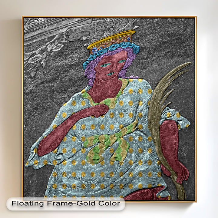 Geheiligte Blüte – Polychromes Engelrelief-Ölgemälde
