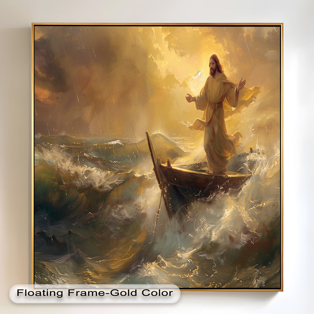 A stunning portrayal of faith overcoming fear, this hand-painted artwork depicts Jesus standing resolute on a boat as turbulent waves crash around him. The warm golden hues contrast beautifully with the stormy seas, symbolizing divine protection and hope.