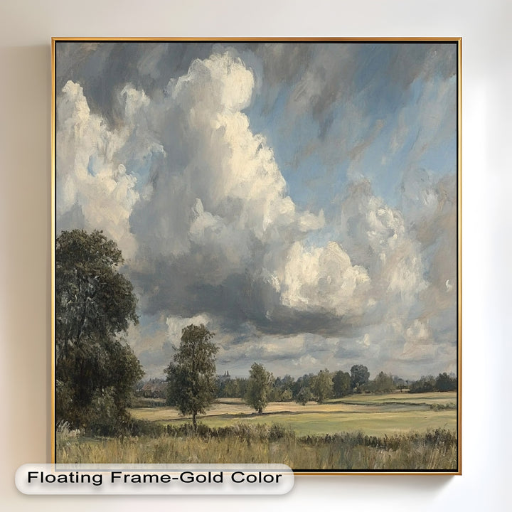 A masterful balance of light and shadow enhances the beauty of this rural landscape, where dramatic clouds dominate the scene, adding a sense of grandeur to the peaceful countryside.