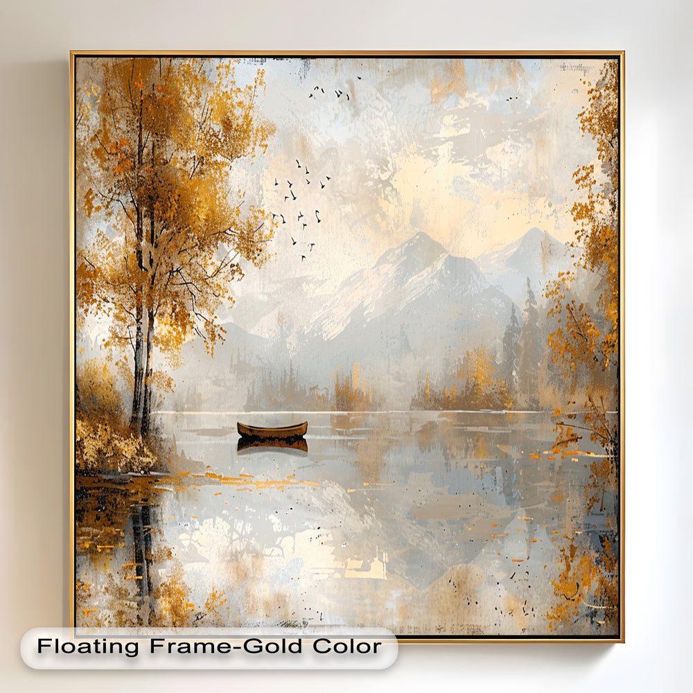 A tranquil forest scene unfolds in this stunning artwork, capturing the beauty of changing seasons with soft misty mountains, a reflective lake, and a gentle flock of birds soaring above.