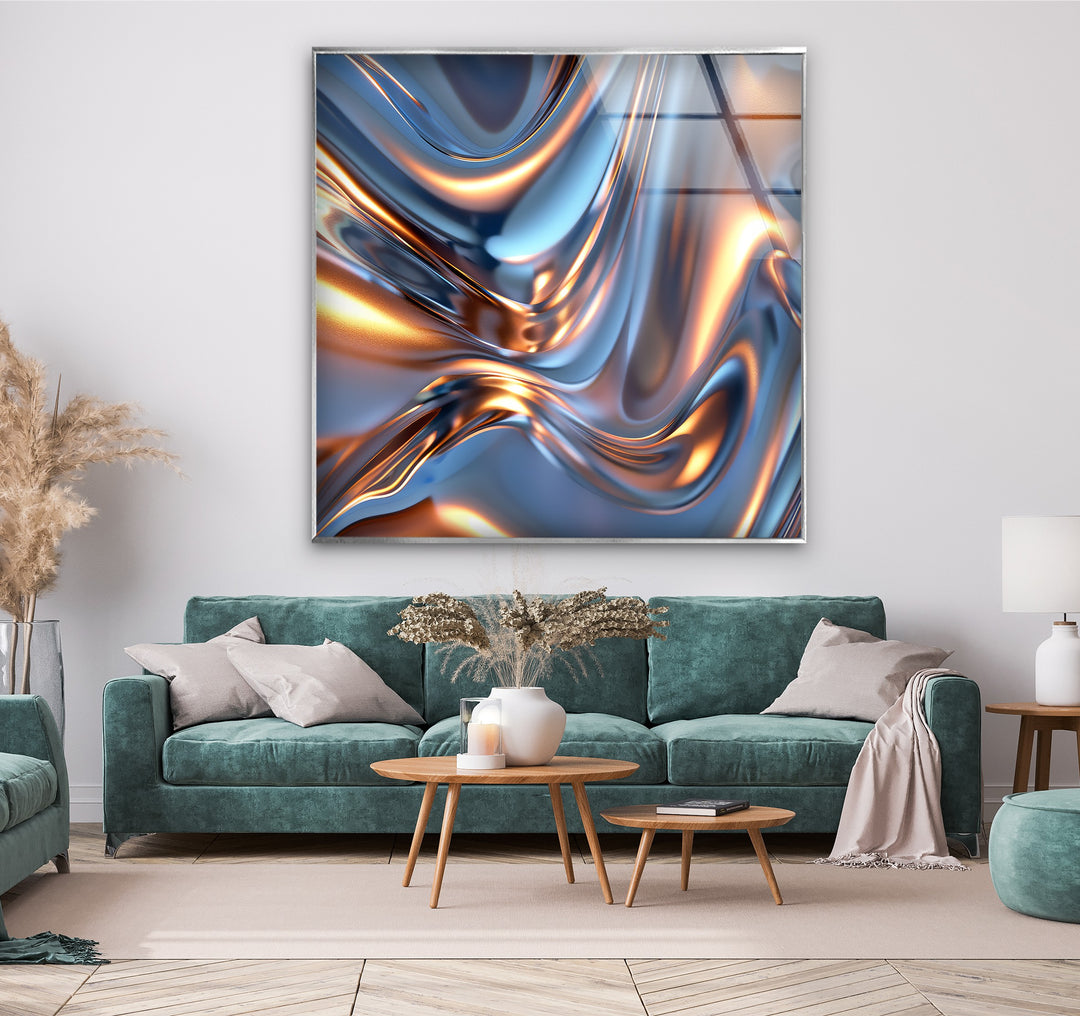 Arctic Ember Alloy – Abstract Silver & Copper Wave Glass Wall Art