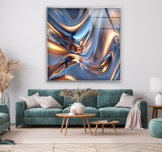 An abstract Arctic Ember Alloy silver and copper wave glass wall art piece serves as the focal point, enhancing home decor.