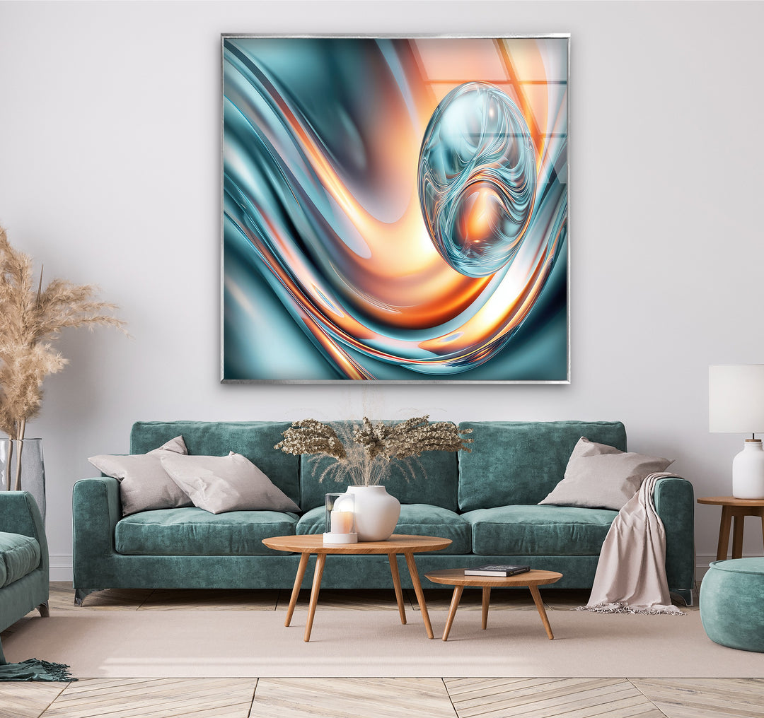 Aqua Ember Orb – Abstract Chrome Wave Glass Wall Art