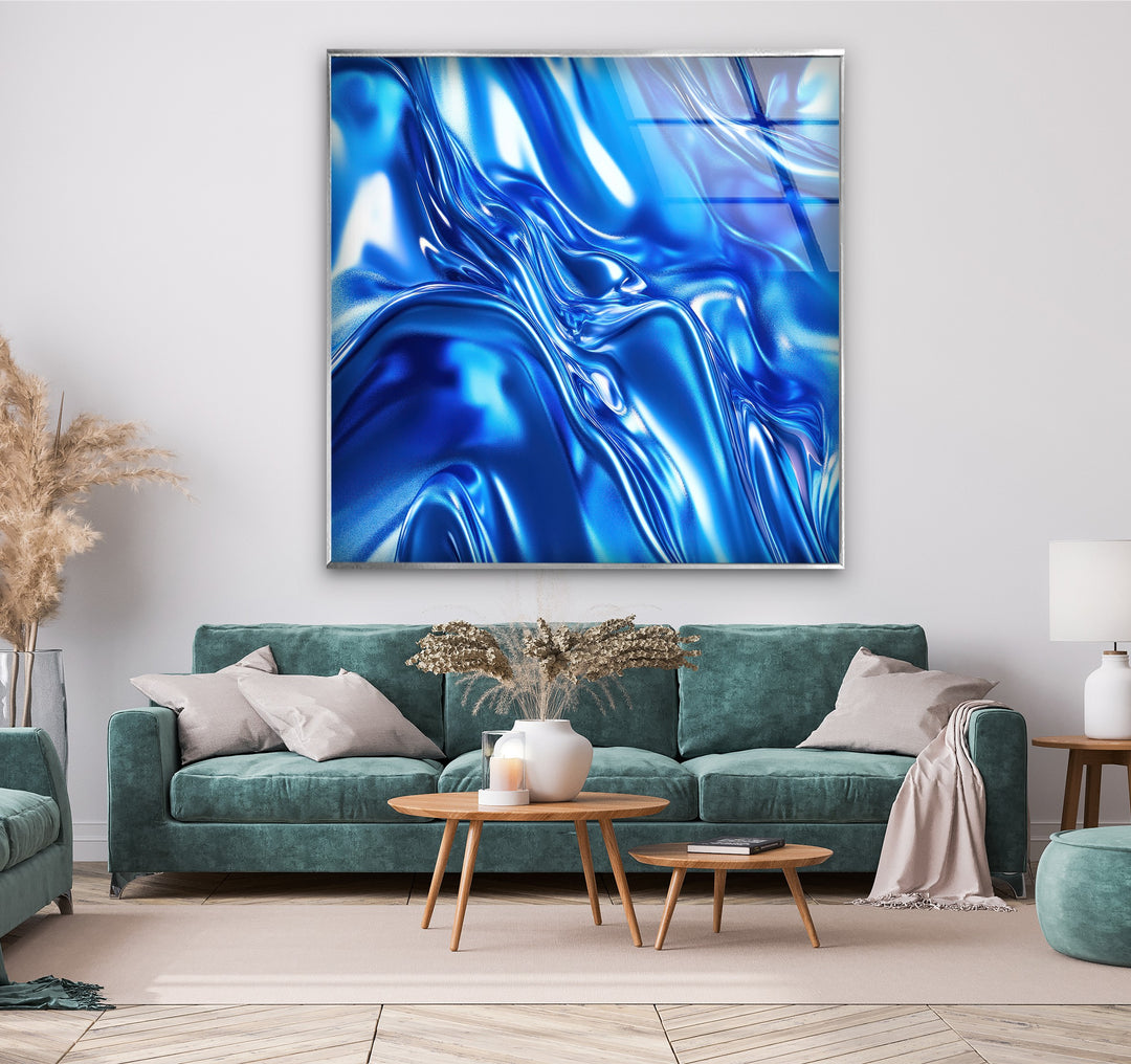 Cobalt Fluid Mirage – Abstract Blue Chrome Glass Wall Art