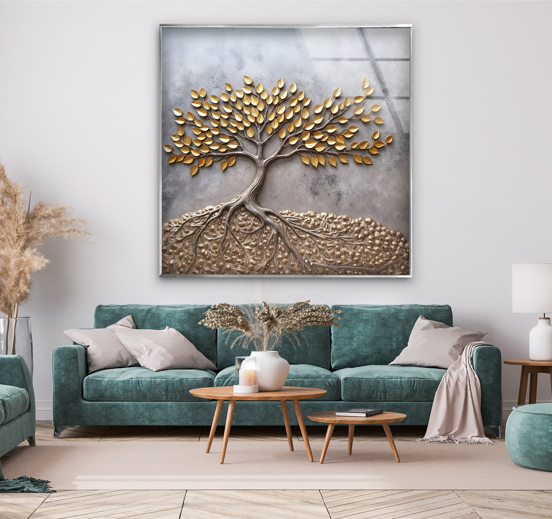 Eternal Roots Gold Harmony – Luxury Tree of Life Glass Wall Art