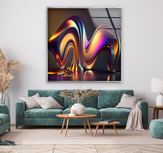 A radiant melt form glass wall artwork with iridescent liquid sculpture in polished chrome finish.