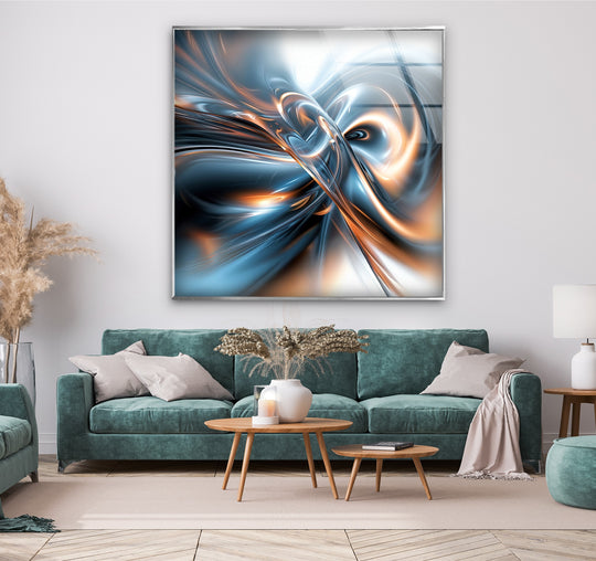 Abstract glass wall art decor featuring metallic swirls against ample white negative space.