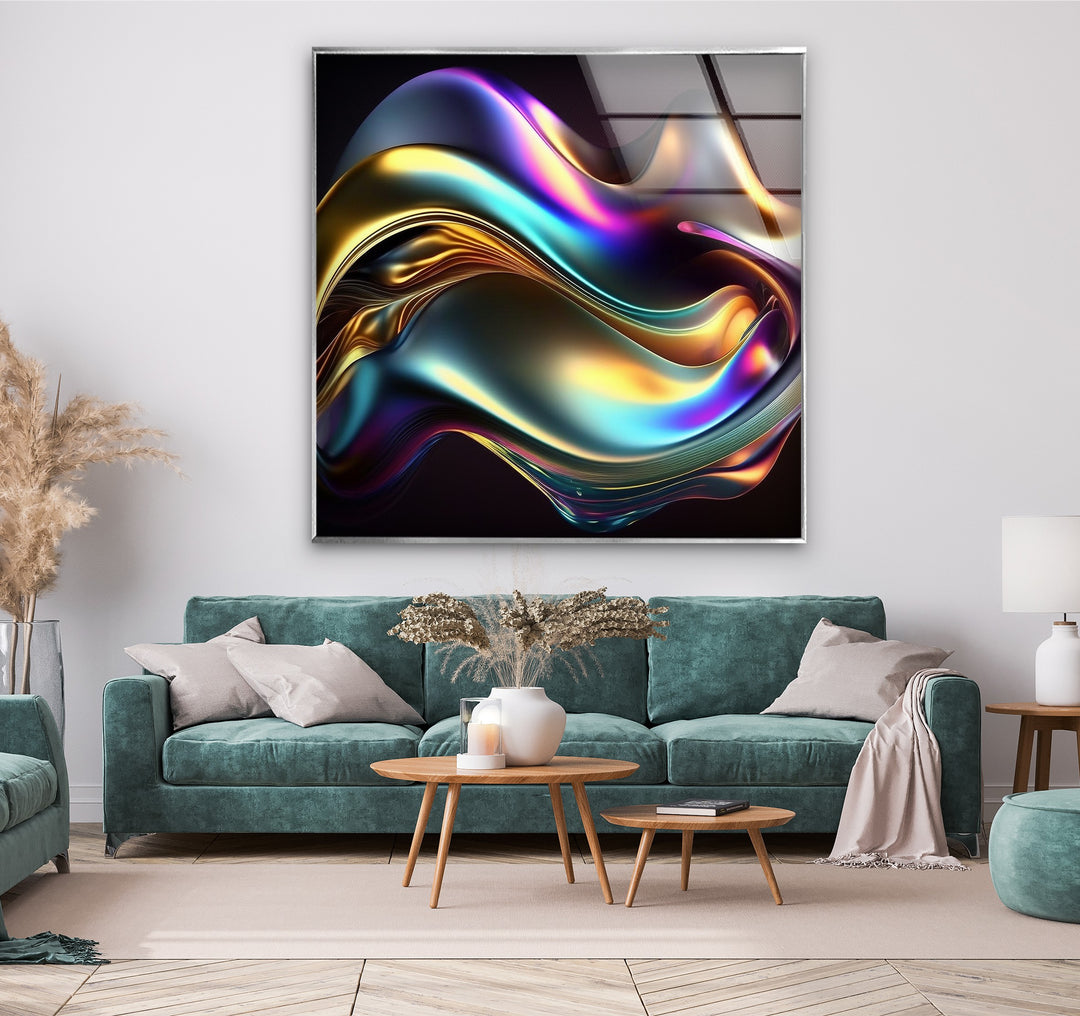 Aurora Chrome Wave – Iridescent Metallic Flow Glass Wall Art
