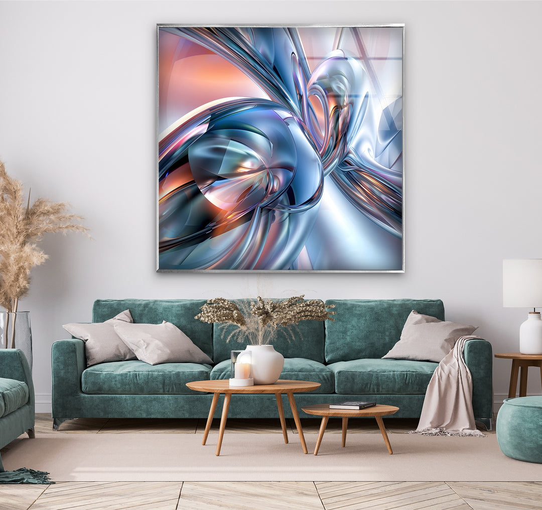 AeroChrome Fusion – Abstract Silver & Sky-Blue Motion Glass Wall Art