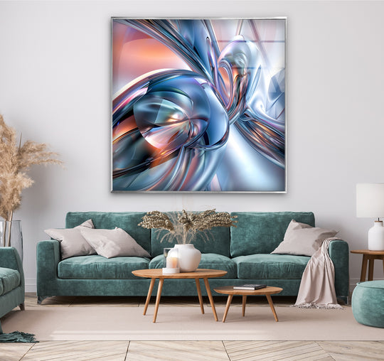 An abstract glass wall artwork is featured in a contemporary living room.