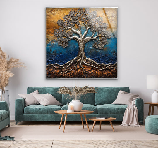 Sculpted metallic tree with bright gold textured background creating unique modern wall decor for living rooms.
