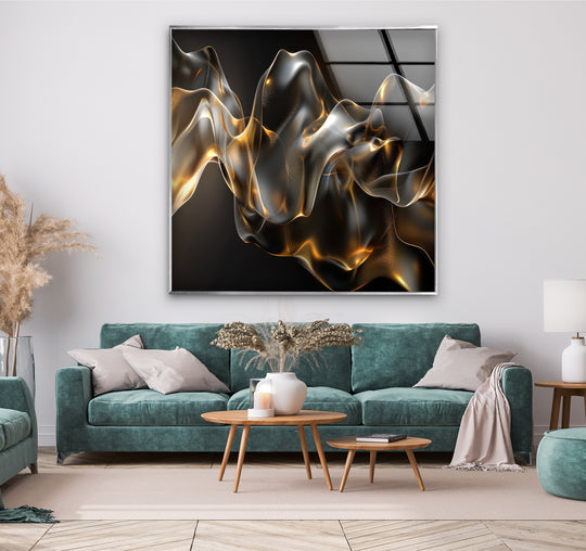 Golden Ember Veil glass wall art displays a unique modern wall decor with a textured, flowing smoke-like surface with shimmering golden accents.