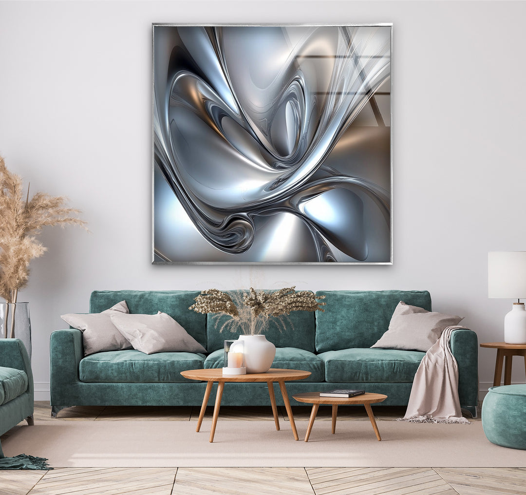 Polar Chrome Drift – Abstract Silver Fluid Glass Wall Art