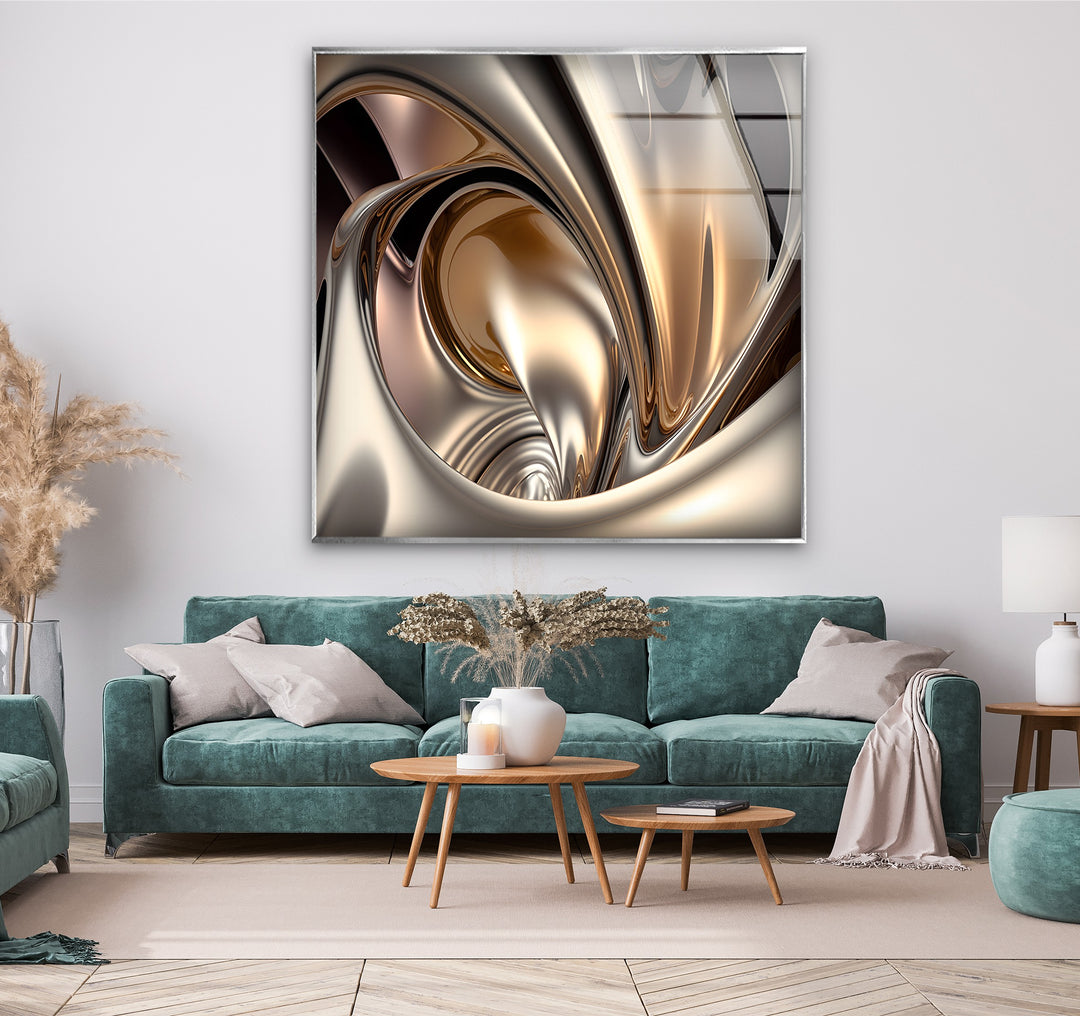 Champagne Alloy Flow – Abstract Gold & Silver Chrome Glass Wall Art