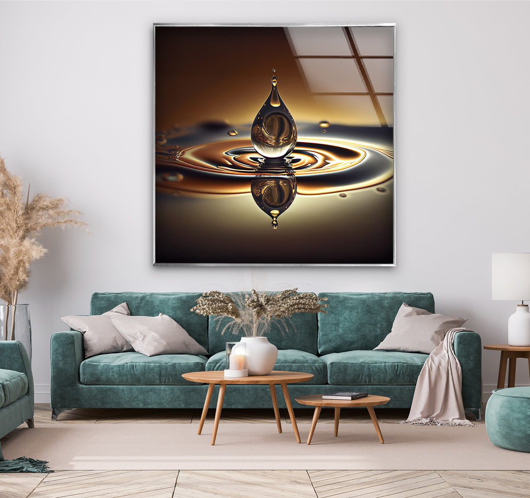 GoldenFlux Droplet Resonance – Liquid Harmony Glass Wall Art