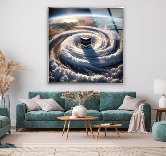 Realistically detailed, the glass wall art decor captures the Divine Orbit design with celestial clouds enveloping the Kaaba, offering a heavenly vision of Islamic faith.