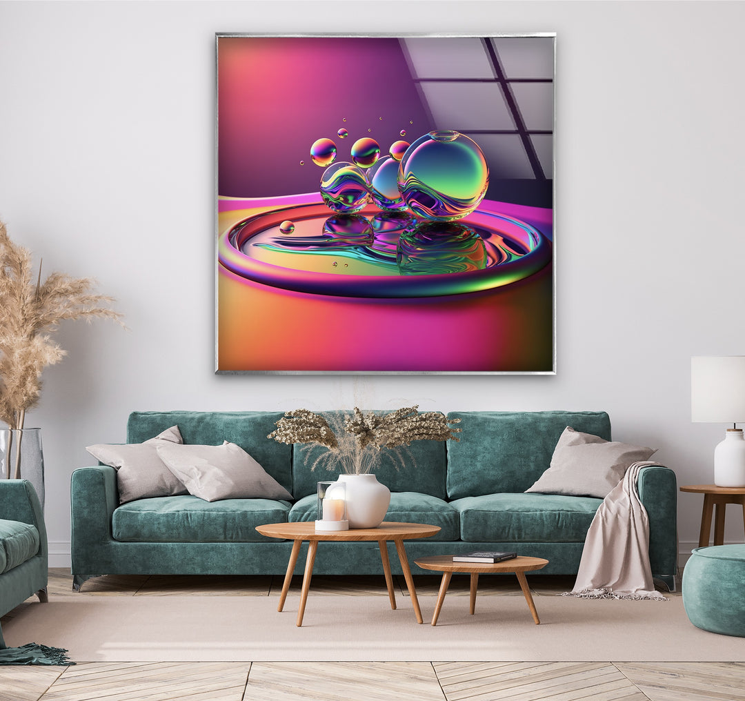 Luminous Orb Cascade – Neon Chromatic Sphere Sculpture Glass Wall Art