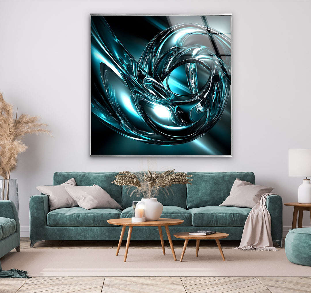 Aqua Vortex Chrome – Abstract Teal Metallic Motion Glass Wall Art