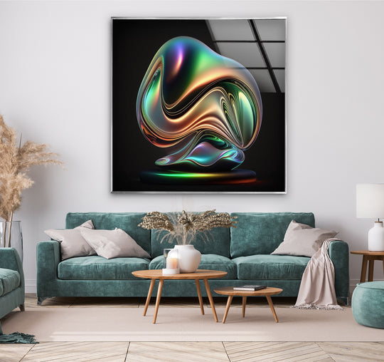 A vertical, iridescent abstract glass wall art print with a sculptural, flowing shape in metallic hues.