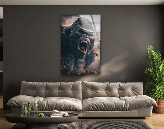 Exhibiting a roaring giant gorilla, this tempered glass wall art showcases vibrant clarity and depth, exemplifying premium material quality in this cinematic creature decor.