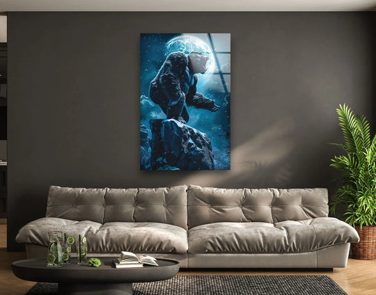 Negative space surrounds the Roaring Gorilla Under Full Moon decorative wall art, highlighting the tempered glass and the dramatic blue tones.