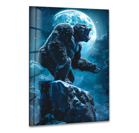 Realistic detail highlights this roaring gorilla beneath a full moon in cinematic glass art painting, a captivating wildlife depiction with rich textures and vibrant blue hues.