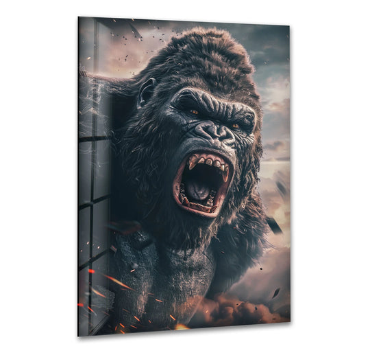 Smooth tempered surface texture highlights the roaring giant gorilla in this detailed glass art painting, with hints of cracked glass adding dramatic effect.