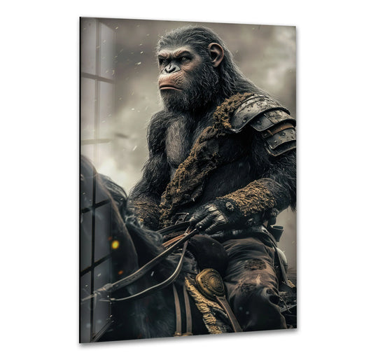 Depicting organic forms, an armored gorilla rider is showcased in this glass art painting, its fur and musculature contrasting with the smooth, tempered glass.