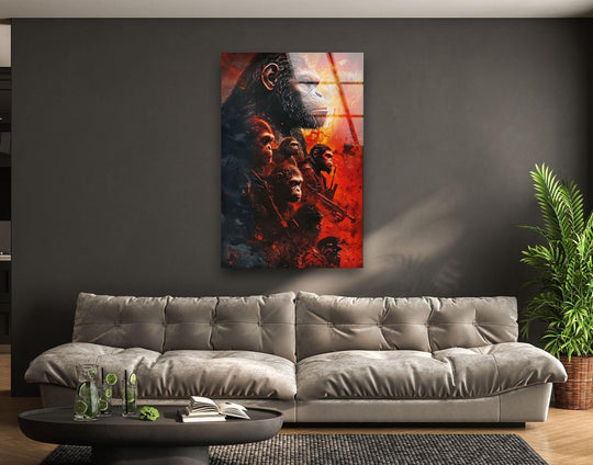 The focal point reveals an epic gorilla warrior group captured in unique modern wall decor, its cinematic design enhanced by a fiery background on glass art.