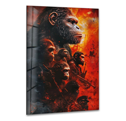 Fiery orange hues create the softest element in this epic gorilla warrior group glass art, showcasing a cinematic scene ideal for bold creature themed decor.
