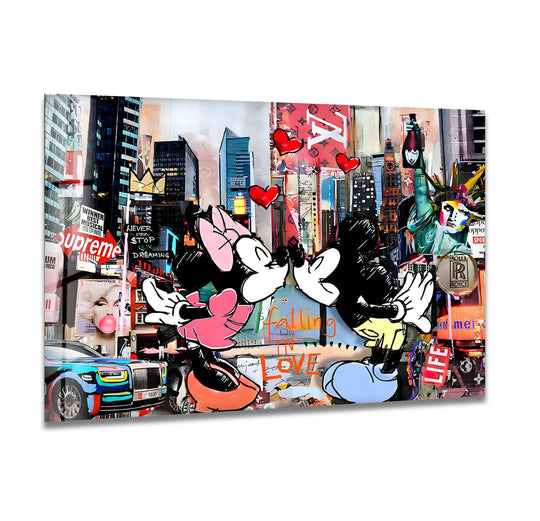 Sleek edges and clean borders highlight the vibrant details of this 'Falling in Love' glass art painting, a romantic pop art piece showcasing a city scene.