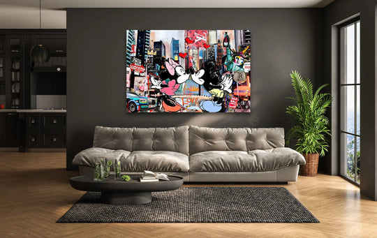 Dominant grays accent the romantic pop art glass art, showcasing Mickey and Minnie against a vibrant cityscape with red heart accents.