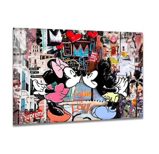 Whispering 'love,' the softest detail in this vibrant glass art painting of a pop art couple, blends into a chaotic yet romantic urban love design.