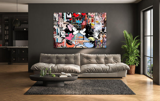 The stillness of the room enhances the vibrant 'Falling in Love' scene on the glass wall artwork, a street pop art piece reflecting quiet urban love.