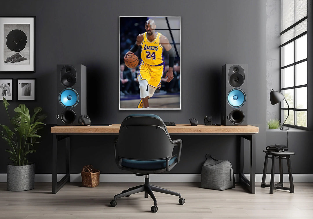 Glass wall print of a skilled basketball player advancing with the ball during a game.- Kobe Bryant Lakers