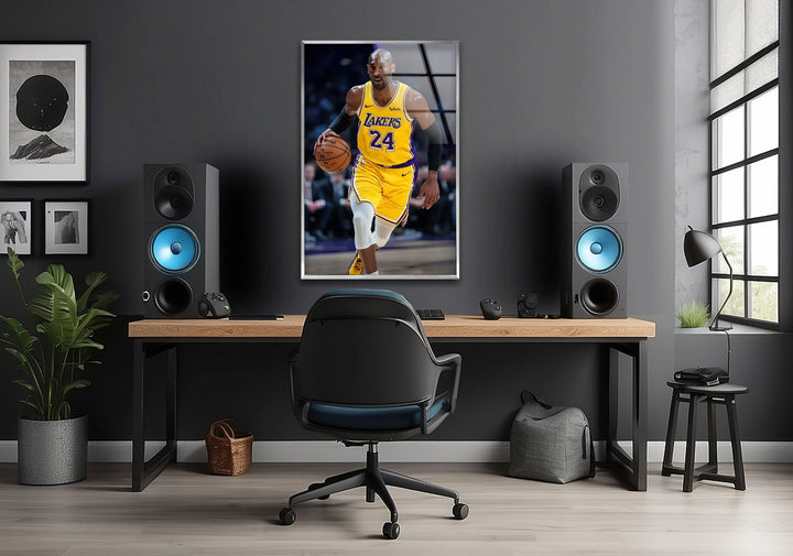 Glass wall print of a skilled basketball player advancing with the ball during a game.- Kobe Bryant Lakers